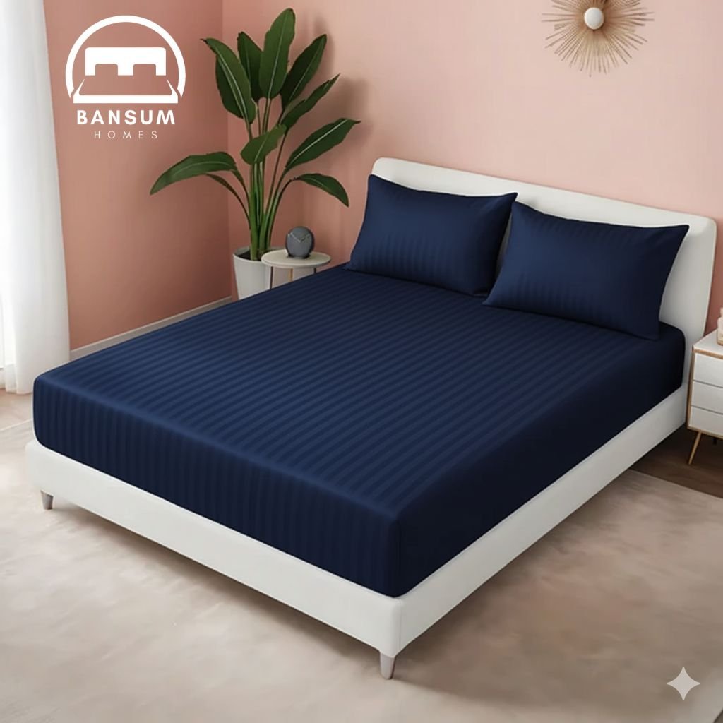 Huma Linen Fitted Sheet Set – Navy Blue Stripes, Micro Cotton