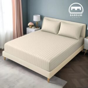 Huma Linen Fitted Sheet Set – Off WhiteStripes, Micro Cotton