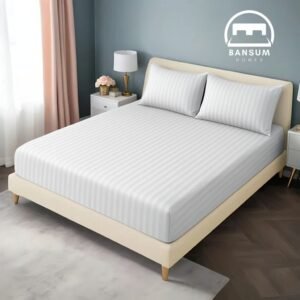 Huma Linen Fitted Sheet Set – White Stripes, Micro Cotton