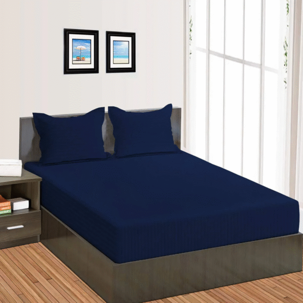 Huma Linen Fitted Sheet Set – Navy Blue Stripes, Micro Cotton