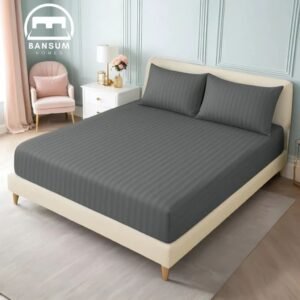 Huma Linen Fitted Sheet Set – Grey Stripes, Micro Cotton