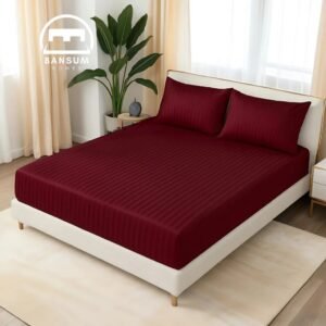 Huma Linen Fitted Sheet Set – Maroon Stripes, Micro Cotton