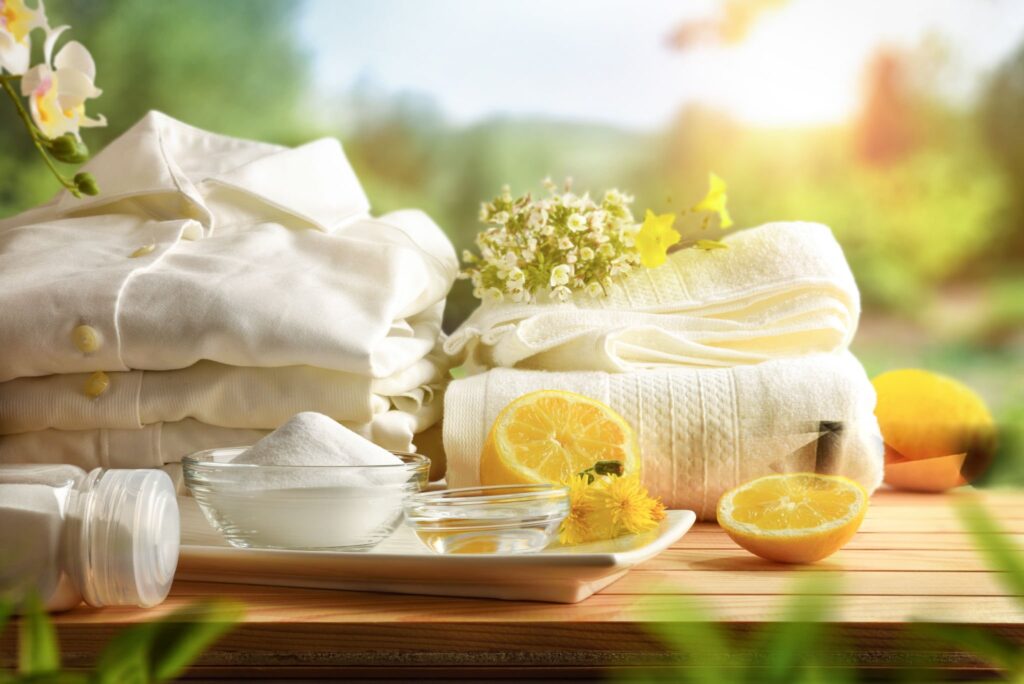 Natural whitening method - pillowcases drying in sunlight with lemon treatment