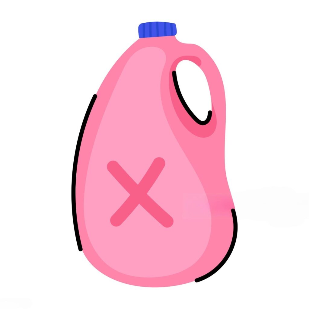 Blue laundry detergent bottle with red X marked over label